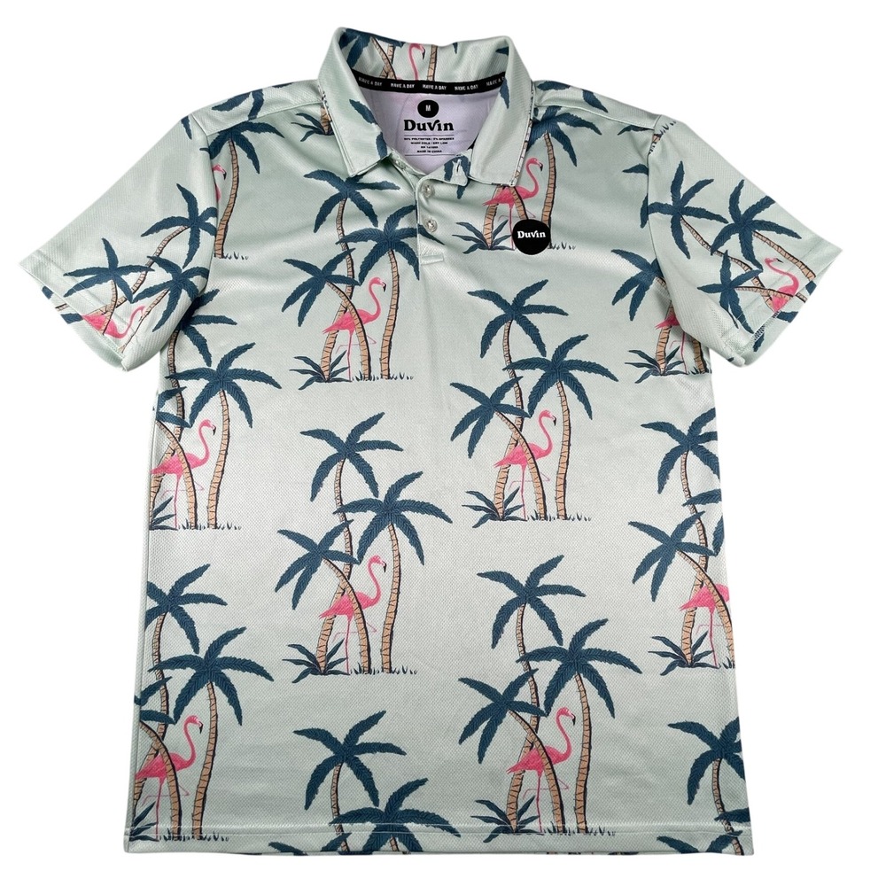 Duvin Polo Shirt Mens M Green Flamingo Palm Tree Tropical Performance‎ Stretch